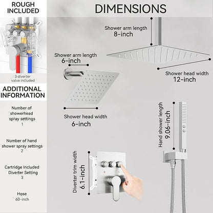 Shower Systems with Rain Shower and Handheld,STARBATH Dual Head 12+6" Rainfall Shower Can Run All Together, Ceiling Mount Shower Faucet Set with Pressure Balance Valve and Trim Kit, Brushed Nickel