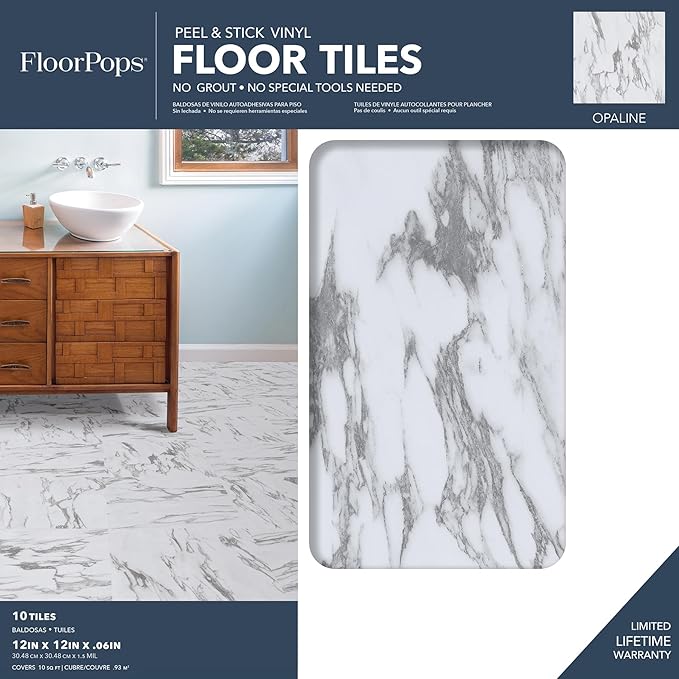 FloorPops FP3329 Opaline Peel Stick Floor Tiles, White & Off-White