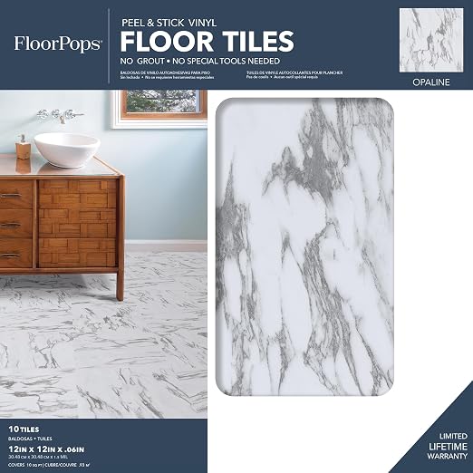 FloorPops FP3329 Opaline Peel Stick Floor Tiles, White & Off-White (Pack of 2)