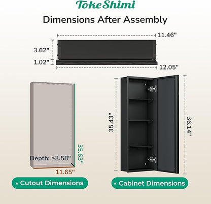 TokeShimi 12 x 36 Black Recessed Medicine Cabinet with Mirror, Assembly Required, Bathroom Medicine Cabinet with Mirror, Stepless Adjustable Shelves, Beveled Aluminum Frame, DTC Hinge