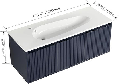 SSLine Modern 48" Floating Bathroom Vanity with Sink Wall Mounted Bathroom Vanity with Top Basin & Storage Cabinet Navy Blue Wood Hanging Vanity w/Drop-Shaped Resin Sink for Small Space