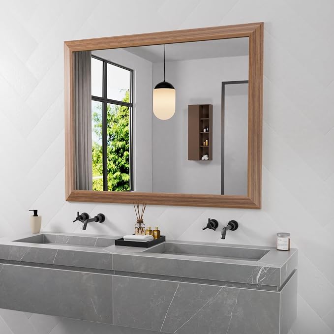 Bathroom Mirror for Wall, 40 X32 Inch (Walnut Wood Grain) | Metal Framed, HD Reflection, Anti-Rust, Hang Horizontally/Vertically, Suitable for Bedroom, Farmhouse, Bathroom, Entryway