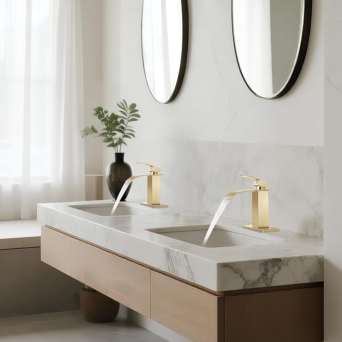 2 Pack Gold Bathroom Faucet with Waterfall Spout and Pop-up Drain | SUS 304 Stainless Steel, Single Handle, 1 Or 3 Hole Sink, RV Vanity, Deck Plate, Supply Hoses, NSF372 NSF61 cUPC