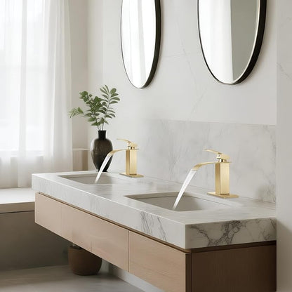 2 Pack Gold Bathroom Faucet with Waterfall Spout and Pop-up Drain | SUS 304 Stainless Steel, Single Handle, 1 Or 3 Hole Sink, RV Vanity, Deck Plate, Supply Hoses, NSF372 NSF61 cUPC