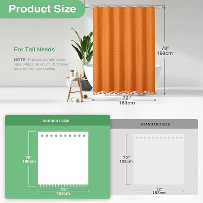 Dynamene 78 Inches Long Shower Curtain, Boho Tufted Chevron Striped Tall Cloth Shower Curtains for Bathroom Decor, Large Hotel Spa Luxury Shower Curtain Set with Hooks, Wrinkle Free, Orange, 72x78