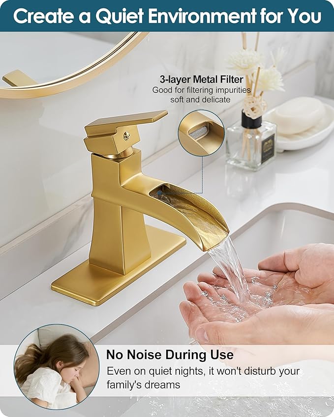 Gold Bathroom Sink Faucet 1 Hole, Brass Waterfall Faucet for Bathroom Sink, 4 Inch 3 Hole with Single Handle, Deck Plate & cUPC Water Hoses for Antique Vanity Lavatory, Not Included Pop-up Drain