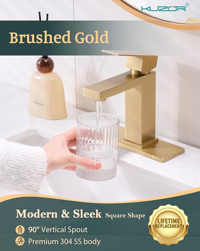 Single Hole Bathroom Faucet, 1-Handle Bathroom Sink Faucet with Pop-Up Drain, 304 Stainless Steel Brushed Glod for Modern Bath/Vanity
