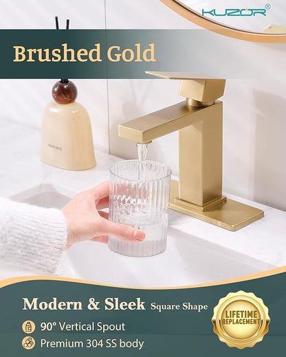 Single Hole Bathroom Faucet, 1-Handle Bathroom Sink Faucet with Pop-Up Drain, 304 Stainless Steel Brushed Glod for Modern Bath/Vanity