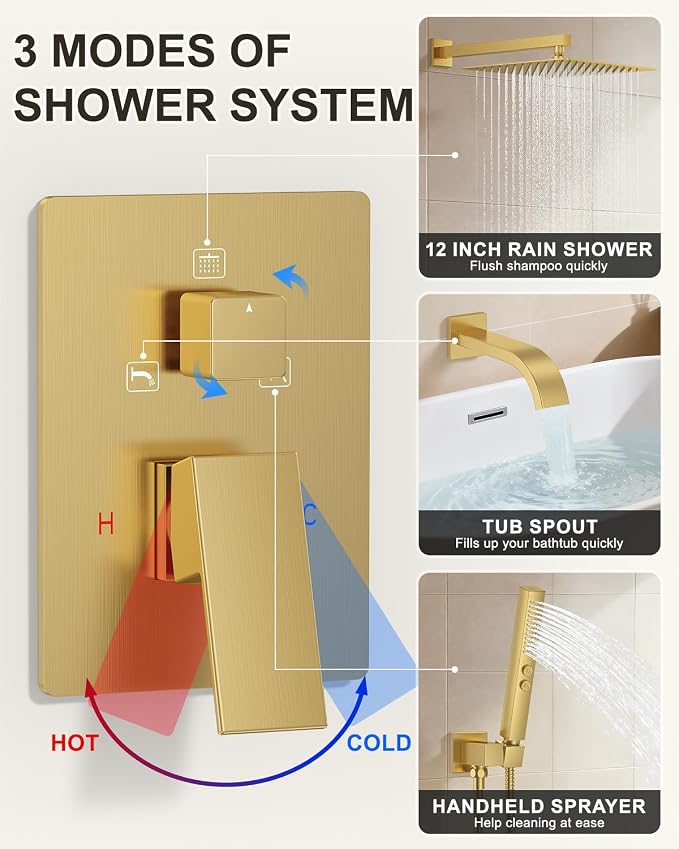 Brushed Gold Shower System with Tub Spout, Wall Mounted Bathtub Shower Faucet Set, 12" Rainfall Shower Head and Handheld Shower Combo, High Pressure Shower Fixtures Set with Rough-in Valve