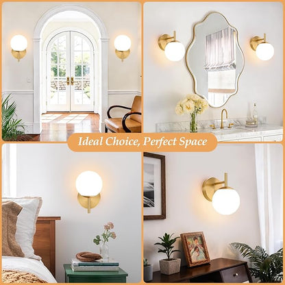 Set of Two Gold Wall Sconces, 2-Pack Brushed Gold Bathroom Light Fixtures with Milky White Globe Glass, Modern Sconces Wall Decor Set of 2 Wall Light for Hallway Bathroom Mirror (Bulb not included)