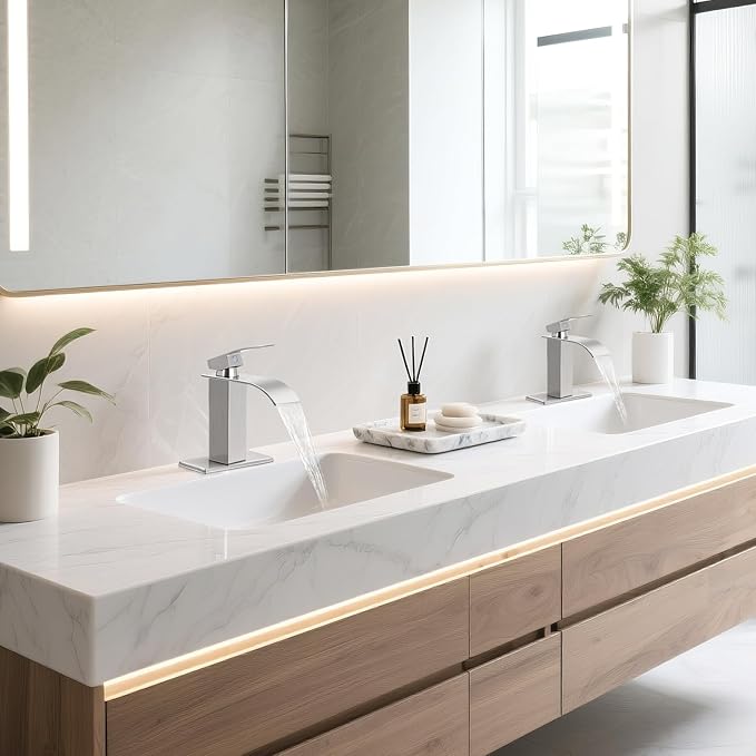 Brushed Nickel Bathroom Faucets, Waterfall Bathroom Sink Faucet Modern Single Handle Bathroom Faucte 1 or 3 Hole, RV Mixer Tap Vanity Faucet - Includes Pop-up Drain Supply Hoses Deck Plate