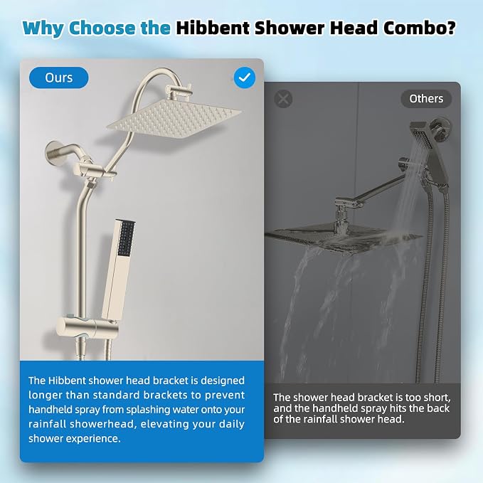 Hibbent 10'' Rainfall Showerhead with 4-mode Handheld Spray, Brushed Nickel | cUPC Certified High Pressure Showerhead Combo, 12'' Adjustable Extension Arm, Extension Bar, Easy Reach Holder, 71'' Hose