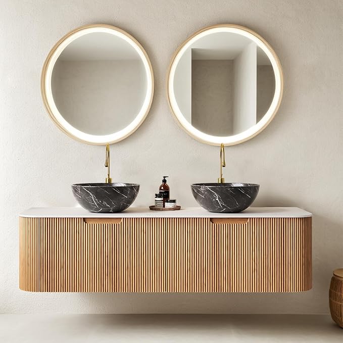 60 Inch Floating Bathroom Vanity with Sink, Wall-Mount Cabinet with 2 Large Storage Drawer, 2 Black Bowl Ceramic Basins and Marble Top, Soft-Close Design, Pre-Assembled Vanities, Natural Woodgrain