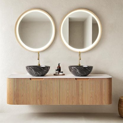 60 Inch Floating Bathroom Vanity with Sink, Wall-Mount Cabinet with 2 Large Storage Drawer, 2 Black Bowl Ceramic Basins and Marble Top, Soft-Close Design, Pre-Assembled Vanities, Natural Woodgrain