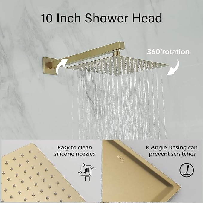BWE Shower Faucet Brushed Gold 12 Inch Square Bathroom Luxury Rain Mixer Shower Combo Set 2-Functions Wall Mounted Rainfall Shower Head System Rough-in Valve Body and Trim Included