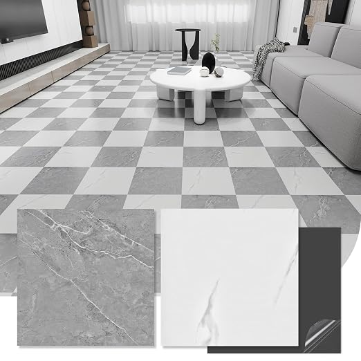 10-Pack 12"x12" Marble Peel and Stick Floor Tiles Waterproof Self Adhesive Vinyl DIY Flooring for Bedroom, Bathroom, Kitchen, RV, Cover 10 Sq. Ft, White & Grey Marble