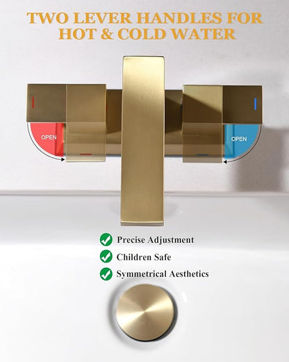 Tohlar Brushed Gold 2 Handle 4 Inch Centerset Bathroom Faucet with Pop Up Drain and 2 Lead-Free Hoses