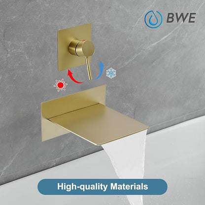 BWE Brushed Gold Wall Mount Tub Faucet with Waterfall Tub Spout Wall Mounted Bathtub Faucet Modern Single Handle Tub Filler Shower Faucet Set