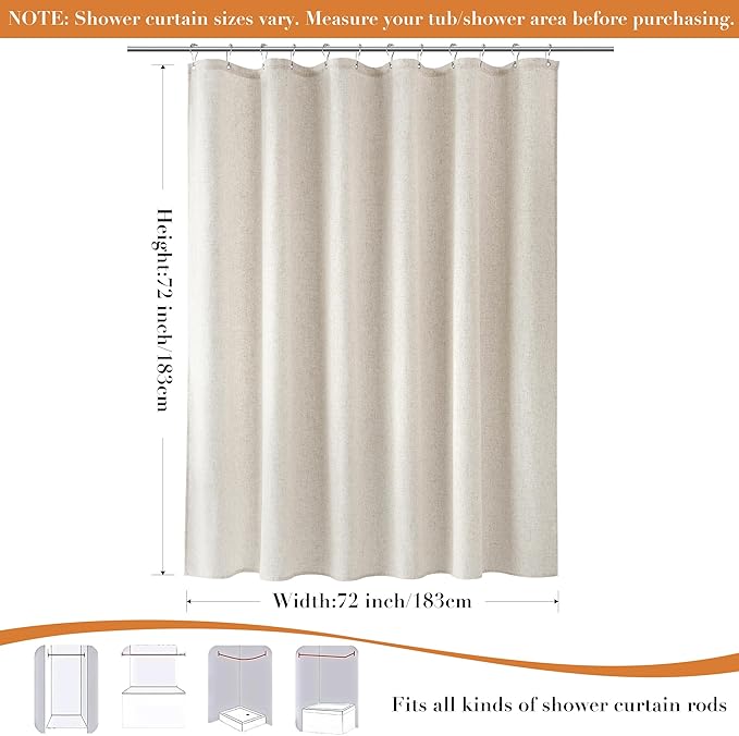 Linen Shower Curtain for Bathroom 72x72 Inch 1 Panel Cream Beige | Weighted Fabric Shower Curtains Set with Hooks,Neutral Rustic Boho Farmhouse, Simple Luxury Bath Curtain Decor,Natural Ivory