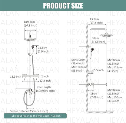 Heyalan Antique Brass Exposed Pipe Shower System 8 Inch Rainfall Shower Head Fixture Combo Set Single Handle with Handheld Sprayer Bathroom Shower Faucet Adjustable Showerhead Bar with Shower Shelf