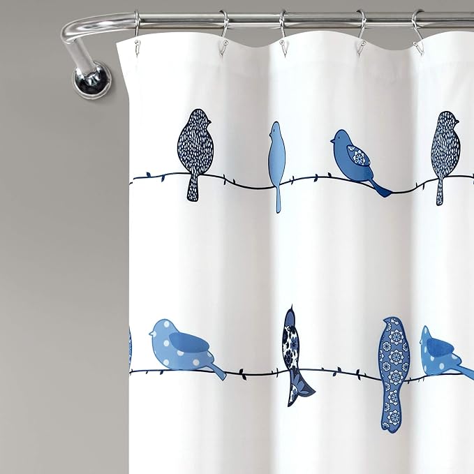 Lush Decor Rowley Birds Shower Curtain, 72” W x 72” L, Navy - Colorful Floral Bird Pattern - Whimsical & Playful Bird Shower Curtain - Farmhouse, Coastal, & Boho Bathroom Decor (Pack of 6)