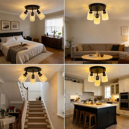 HiBay 3-Light Track Lighting Fixtures Ceiling Glass Directional Spotlight | Round 3 Heads with Glass Shades, Black Farmhouse Industrial, for Dining Area, Entryway, Closet, E26 Base