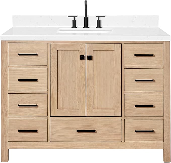 ARIEL 48 inch Bathroom Vanity top with Sink, 1.5 Inch Thick Miter Edge Carrara White Quartz top, Rectangle Single Porcelain Sink, Includes Backsplash
