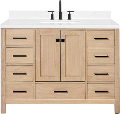 ARIEL 48 inch Bathroom Vanity top with Sink, 1.5 Inch Thick Miter Edge Carrara White Quartz top, Rectangle Single Porcelain Sink, Includes Backsplash