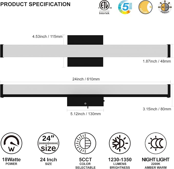 24 Inch Bathroom Vanity Light Fixtures with Night Light: Long Square Wall Mounted LED Lighting Bar Over Mirror with 5CCT & 2200K Color Changing, 120V, 1230-1350lm, ETL, Matte Black, 1 Pack