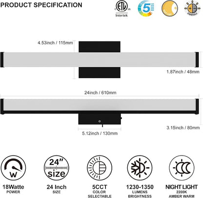24 Inch Bathroom Vanity Light Fixtures with Night Light: Long Square Wall Mounted LED Lighting Bar Over Mirror with 5CCT & 2200K Color Changing, 120V, 1230-1350lm, ETL, Matte Black, 1 Pack