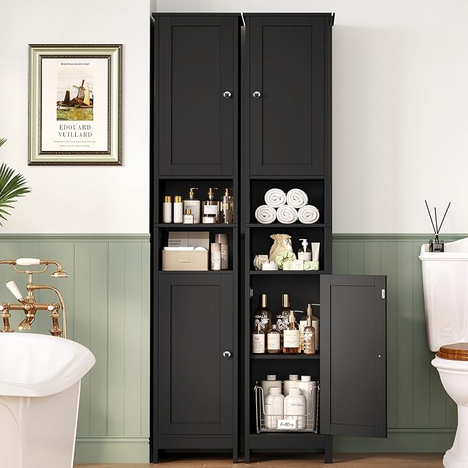 TEENFON 67" Tall Bathroom Cabinet with Adjustable Shelves and Doors | Narrow Bathroom Storage Cabinet for Small Space, Living Room, Entryway, Kitchen, Black
