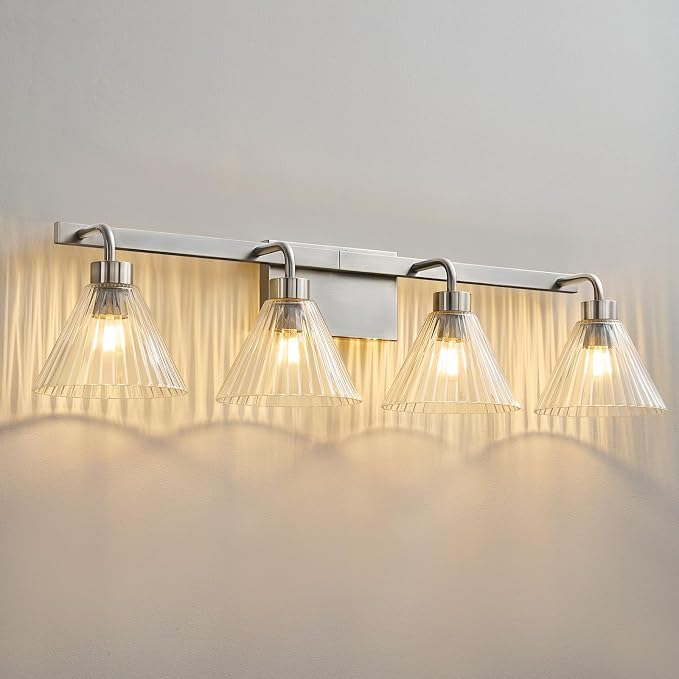 Brushed Nickel Bathroom Lighting Fixtures 4-Light Vanity Light Modern Bathroom Lights over Mirror with Ribbed Glass Shade 34 Inch Bathroom Vanity Lighting Fixtures for Bedroom Living Room Hallway