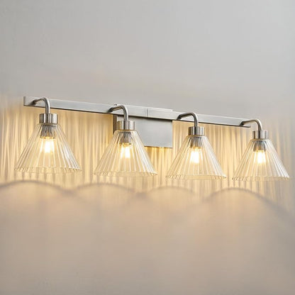 Brushed Nickel Bathroom Lighting Fixtures 4-Light Vanity Light Modern Bathroom Lights over Mirror with Ribbed Glass Shade 34 Inch Bathroom Vanity Lighting Fixtures for Bedroom Living Room Hallway