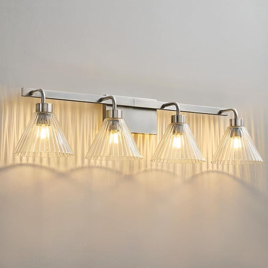 Brushed Nickel Bathroom Lighting Fixtures 4-Light Vanity Light Modern Bathroom Lights over Mirror with Ribbed Glass Shade 34 Inch Bathroom Vanity Lighting Fixtures for Bedroom Living Room Hallway