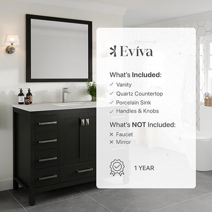Eviva London 42 Inch Vanity with Top – 42 Bathroom Vanity with Sink and Countertop, Espresso 42 in Bathroom Sink Cabinet with Quartz Countertop and Porcelain Single Sink for Modern Vanity Bathroom