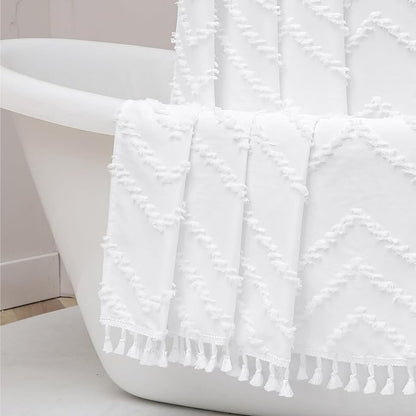 Boho Shower Curtain, White Fabric Cloth Shower Curtains Farmhouse Tufted Chevron Striped Textured with Tassel for Bathroom, Soft Hotel Style Modern Minimalist, Machine Washable, 72x72, White