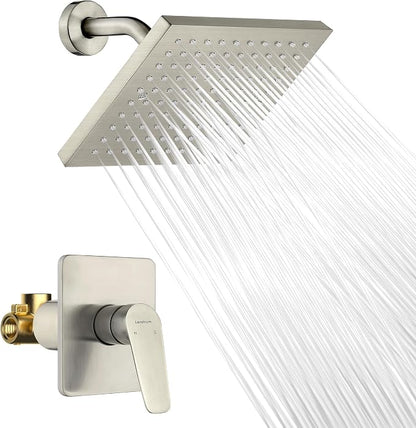 Brush Nickel Premium Shower Head With Valve Set Single Spray Wall Mount 8 Inch Rainfall Square Shower Faucet with Rough-in Valve and Trim Kit for Bathroom