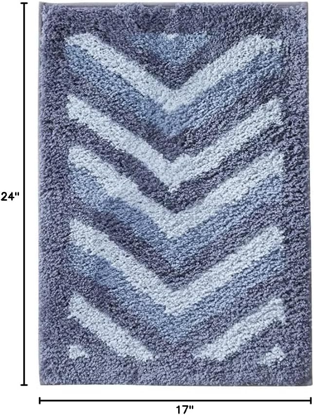 Hearth & Harbor Bathroom Rugs, Shaggy Plush Bath Mat, Ultra Soft Non Slip Backing Rubber, Chevron Design Bath Rug, Blue/Grey, 17 x 24 Inch