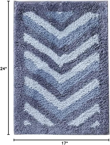 Hearth & Harbor Bathroom Rugs, Shaggy Plush Bath Mat, Ultra Soft Non Slip Backing Rubber, Chevron Design Bath Rug, Blue/Grey, 17 x 24 Inch