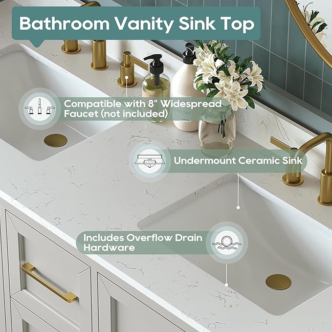60 Inch Bathroom Vanity with Double Sink Combo, Solid Wood Frame with Mable Top &Backspalsh, Fully-Assembled with Soft-Closing Doors & 5 Drawers, Greige