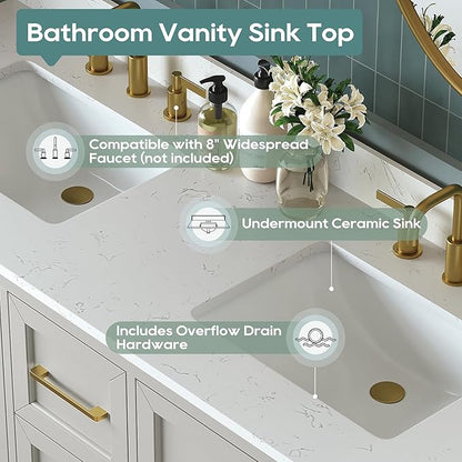 60 Inch Bathroom Vanity with Double Sink Combo, Solid Wood Frame with Mable Top &Backspalsh, Fully-Assembled with Soft-Closing Doors & 5 Drawers, Greige