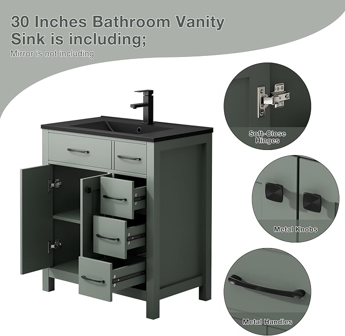 LUCKWIND 30" Modern Bathroom Vanity with Sink Combo, Contemporary Painted Storage Cabinet and Single Black Sink, Include Soft-Closing Doors & Matte Black Faucet, Black