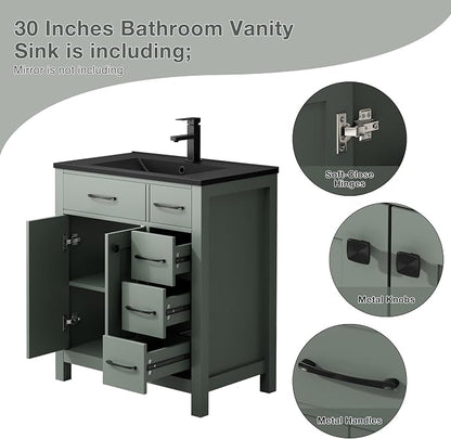 LUCKWIND 30" Modern Bathroom Vanity with Sink Combo, Contemporary Painted Storage Cabinet and Single Black Sink, Include Soft-Closing Doors & Matte Black Faucet, Black