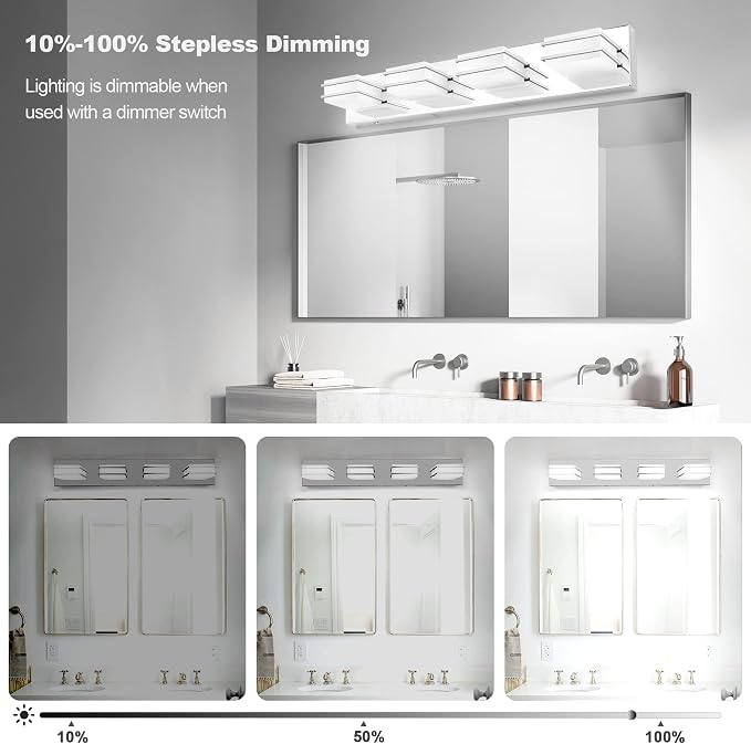 GOODATE 3 Color Temperature Dimmable Vanity Lights for Bathroom, LED Chrome 4 Light Vanity Light Fixtures, Acrylic Stainless Steel Square Shade Bathroom Light Fixtures Over Mirror, ETL Certificated