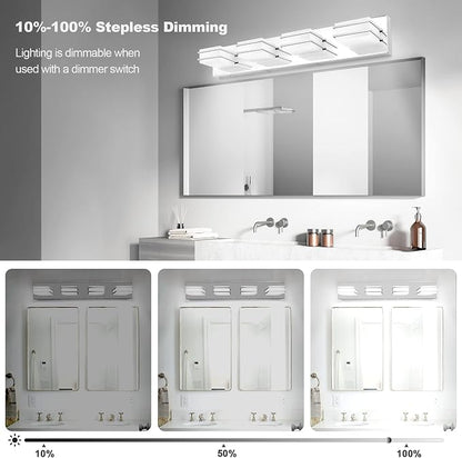 GOODATE 3 Color Temperature Dimmable Vanity Lights for Bathroom, LED Chrome 4 Light Vanity Light Fixtures, Acrylic Stainless Steel Square Shade Bathroom Light Fixtures Over Mirror, ETL Certificated