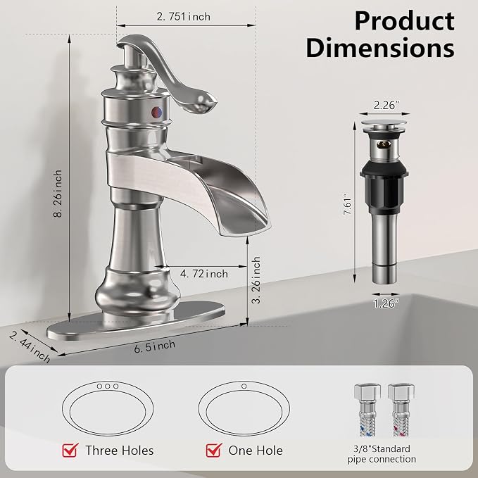 Brushed Nickel Bathroom Faucet Waterfall Single Hole Bathroom Sink Faucet | Brass Single Handle 1 Hole Farmhouse Faucets Lavatory Vanity with Overflow Pop Up Drain Parts by BATHLAVISH