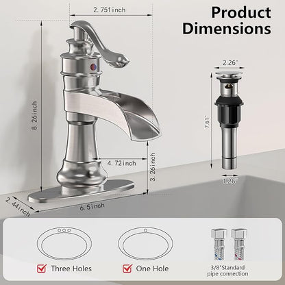 Brushed Nickel Bathroom Faucet Waterfall Single Hole Bathroom Sink Faucet | Brass Single Handle 1 Hole Farmhouse Faucets Lavatory Vanity with Overflow Pop Up Drain Parts by BATHLAVISH