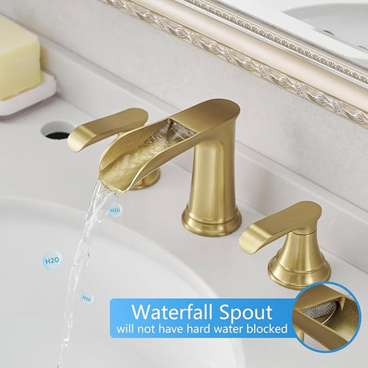 3-Hole 8-Inch Widespread Bathroom Faucet with Pop-Up Drain & Double Lever Handle - Brushed Gold Brass