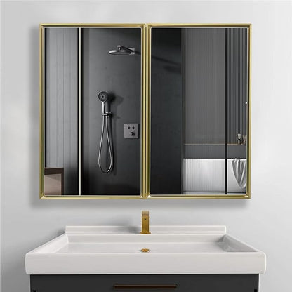 Medicine Cabinet with Aluminum Framed Mirror,36"x32" Surface Mount or Recessed Mount Bathroom Vanity Mirror,Single Door Bathroom Mirror with Storage Cabinet