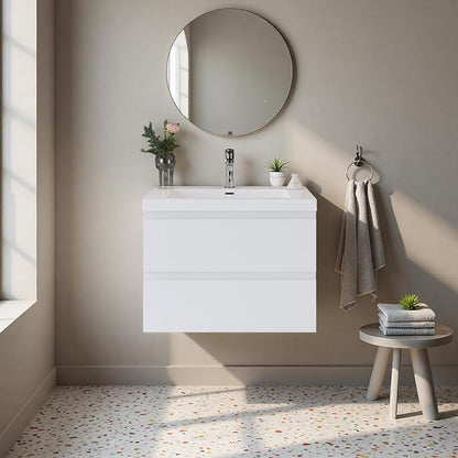 Bathroom Vanity with Sink, 30" Wall-Mounted Bathroom Storage Cabinet with Resin Basin & 2 Soft-Close Drawers, Modern Stylish Floating Vanity with Open Back Design, Easy to Clean, White